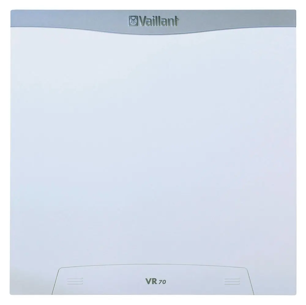Weißes Wandmodul von Vaillant mit einem schlichten Design, passend für Heizungs- und Solartechnikanwendungen. Oben ist das Logo angebracht.